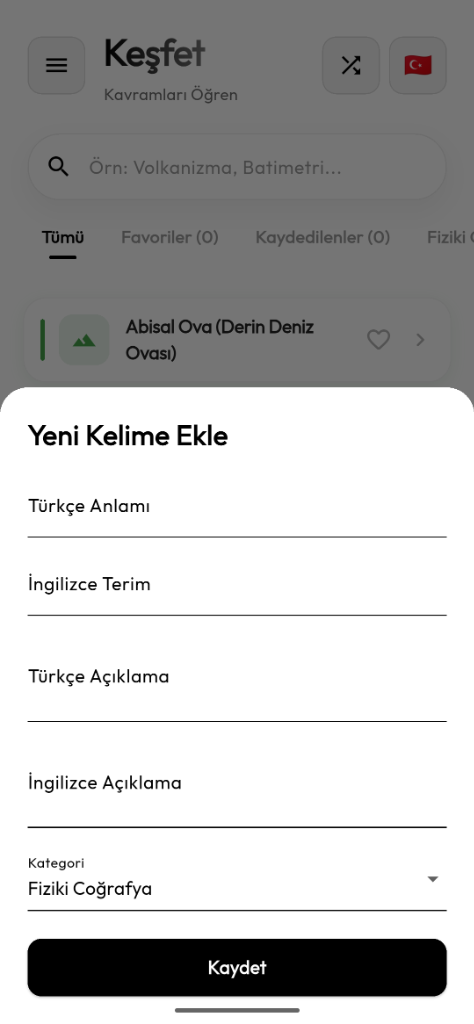 Geographica — Yeni Kelime Ekle